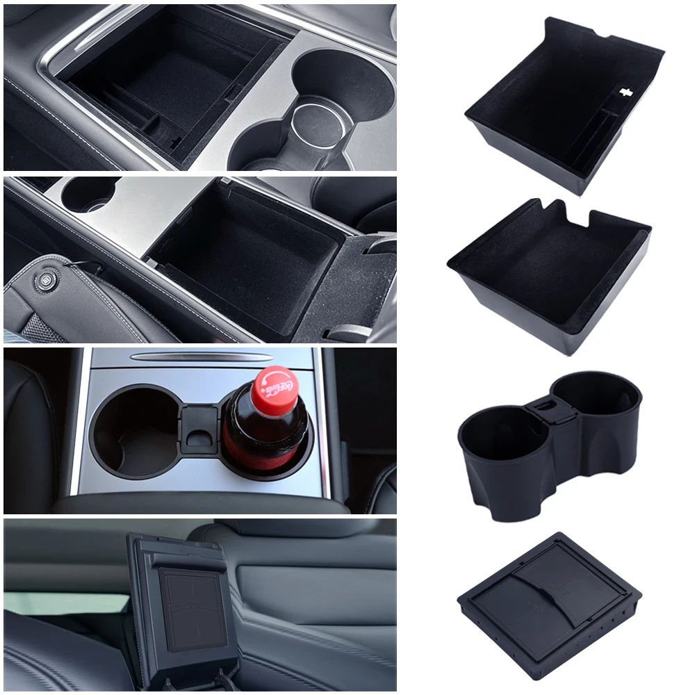 For Tesla Model Y Hidden Storage Box Car Center Console Armrest Front and Rear Flocking Layered Grid Organized Container Slide