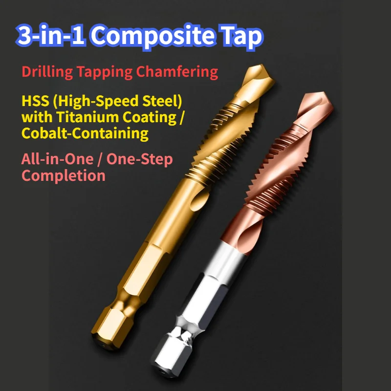 1Pcs Drill and Tap Combo Machine Set Titanium Coated Hex Shank Composite tap for Thread Opening Electric Drill Bit Set