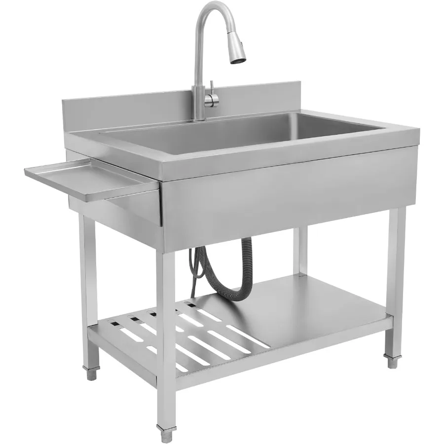 

Stainless Steel Single Bowl Kitchen Sink with PullOut Faucet and Shelf for Utility Laundry Use Freestanding Portable Outdoor La