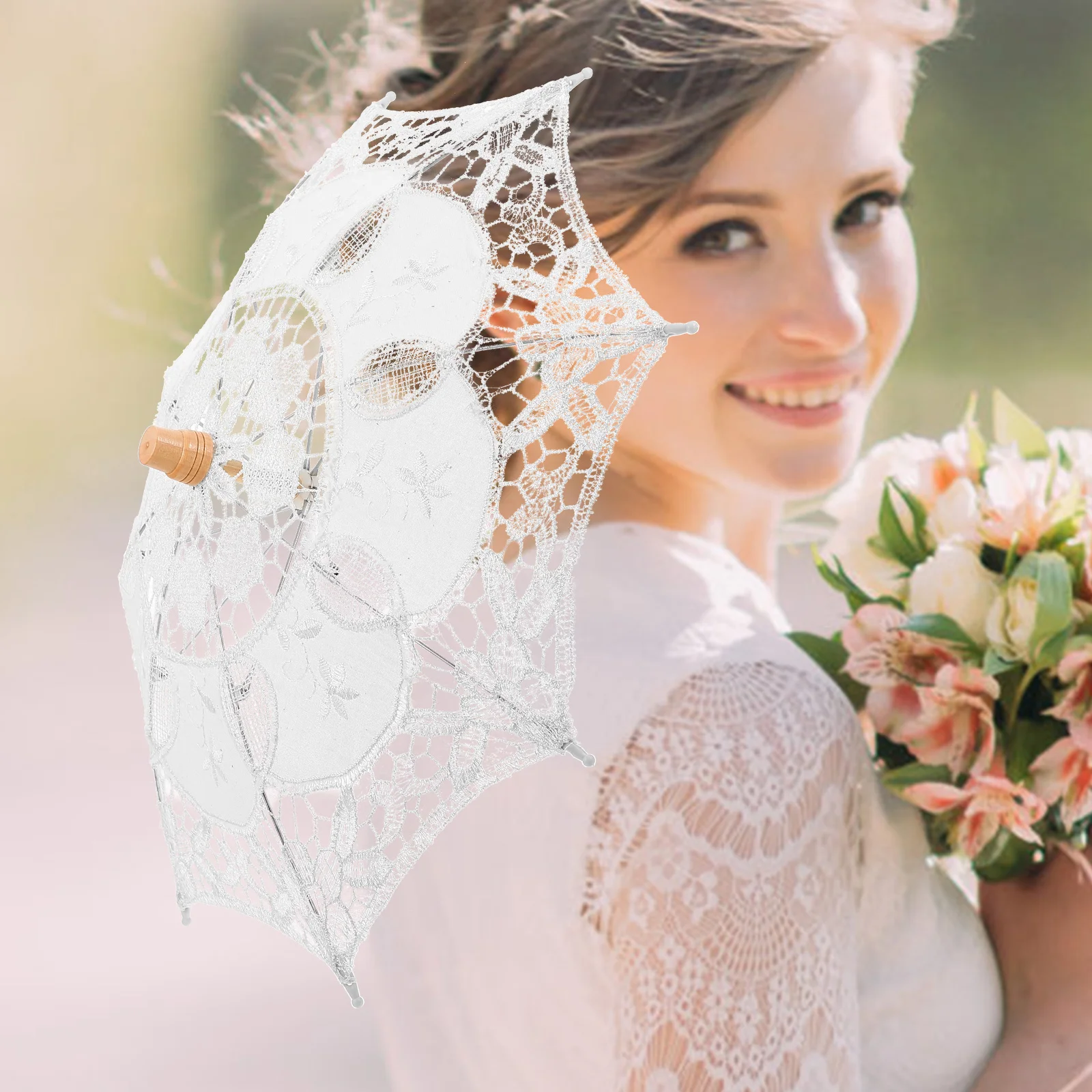 

Lace Wooden H Umbrella White Decorative Girl Parasol Vintage Wedding Tea Party Photo Props Bridal Accessory Home Daily Use