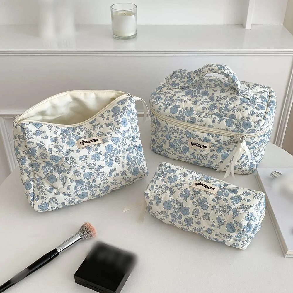 Travel Organizer Flower Cosmetic Bag Wash Pouch Change Storage Flower Makeup Bags Tote Handbags Blue Fragmented Flowers