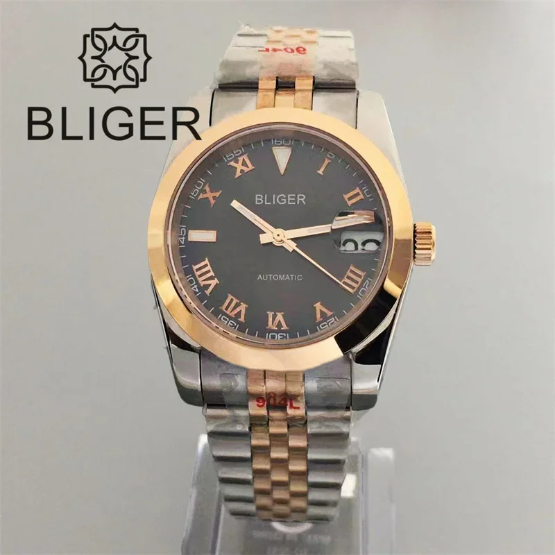 BLIGER Two Tone Rose Gold Jubilee Bracelet Men Watch 36mm/39mm NH35A Automatic Roman Numbers Grey Dial Sapphire Glass