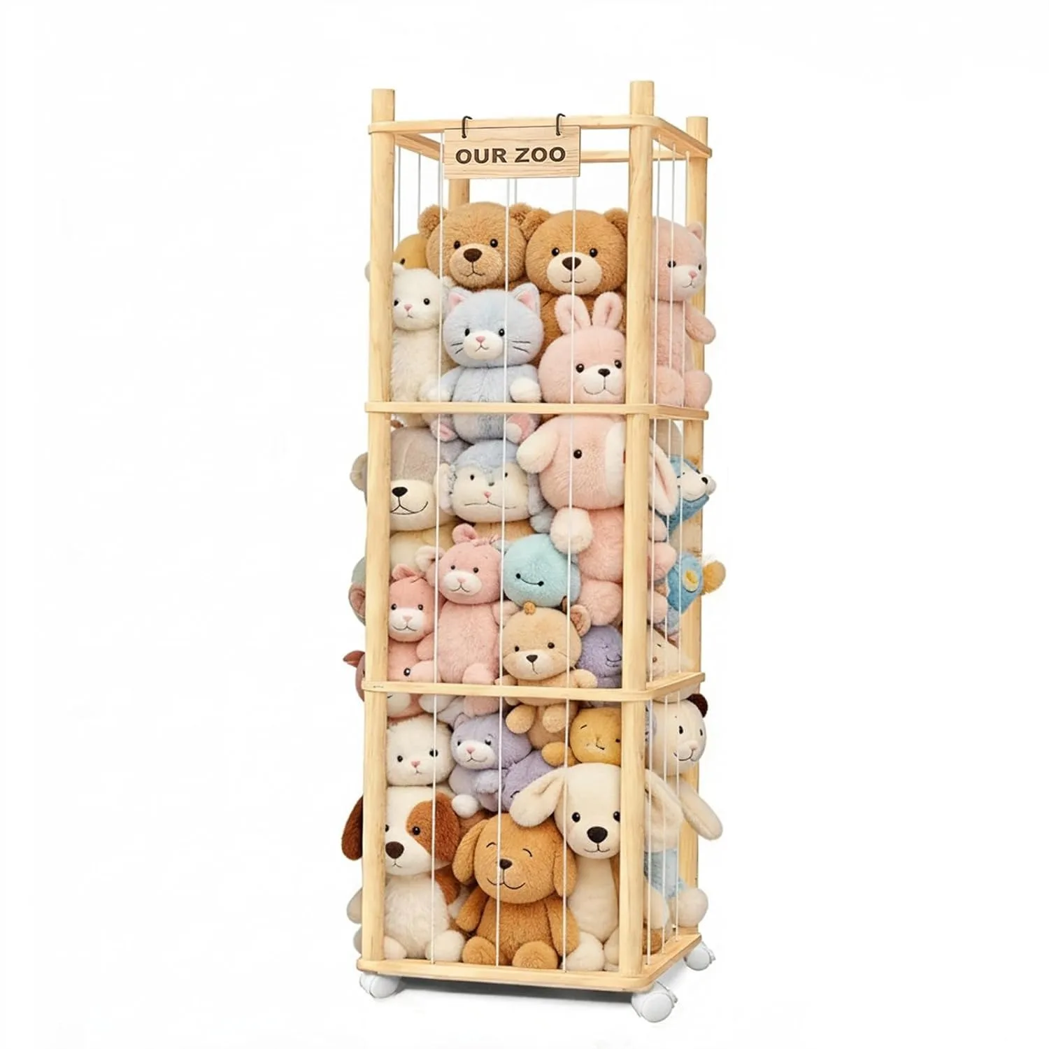 Stuffed Animal Storage with Wheels, Large Wood Toy Organizer for Nursery Playroom Bedroom, 54.3 Inch