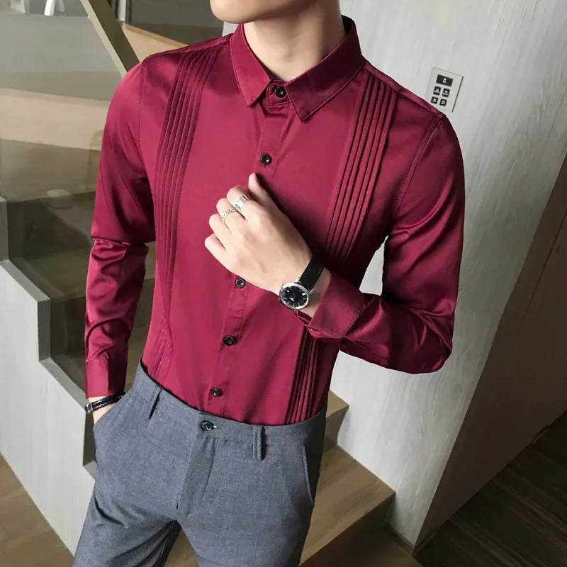 

Men's Tuxedo Shirts Front Pleated Dress Slim Fit Long Sleeve Blouse Gentleman Groomsman Party Wedding Ceremonial Shirt Man Red