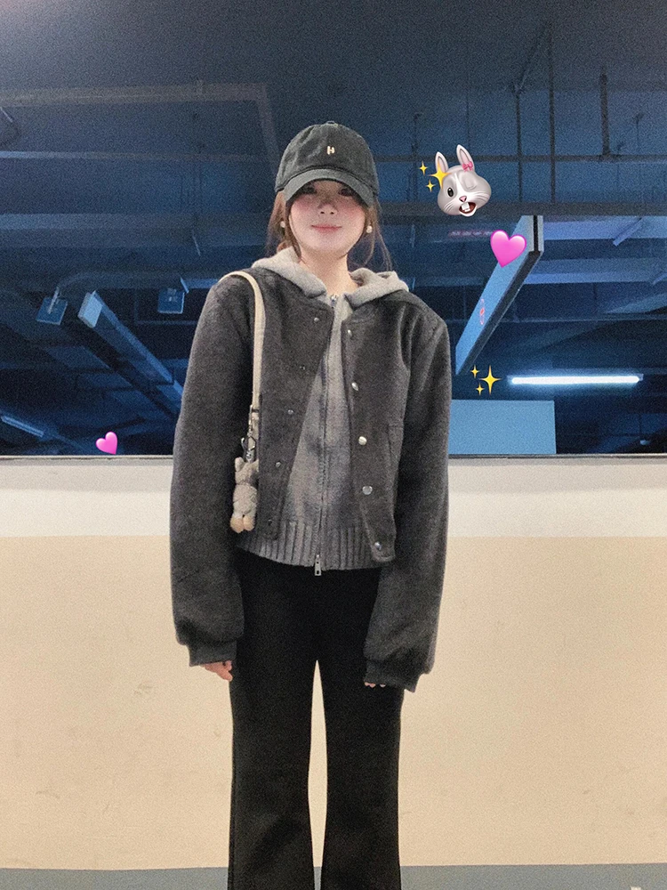 Retro ey ort Double-Sided Woolen Jaet Women's Casual Sle Spring Autumn New Arrival Korean Version Straight Cut