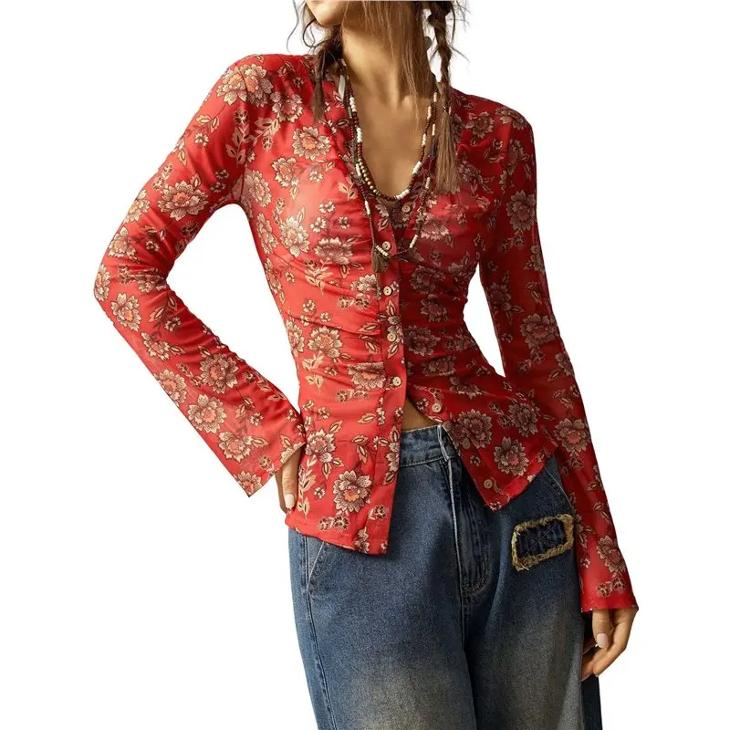 

WOWFU-Button Down Shirts For Women Fall V Neck Long Sleeve Ruched Mesh Fitted Floral Print Boho Tops