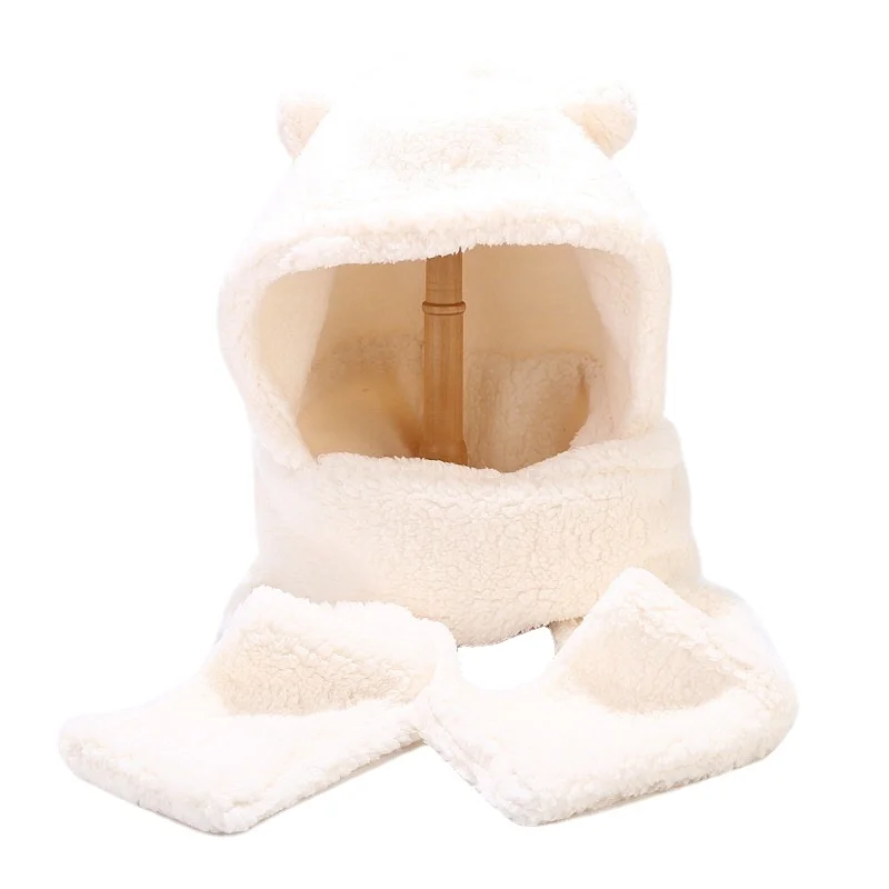 New Beanies Skullies Bear Ear Protection Hat Female Autumn Winter Cute Plush Bib Scarf Gloves Hooded Korean Versatile Warm
