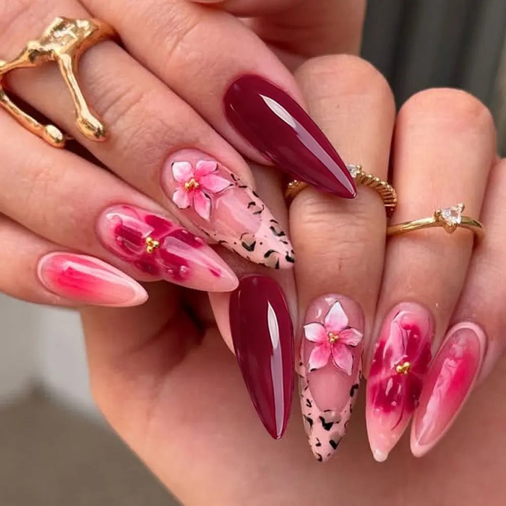 24Pcs Colorful Almond Shaped False Nails with Ocean Shell Design Mid-length Flower French Fake Nails Press on Summer Nail Art