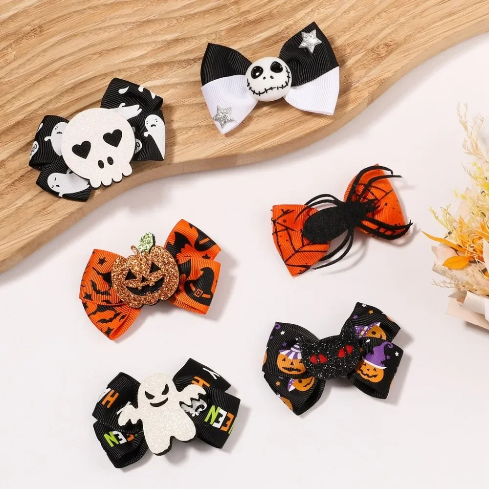 2Pcs/Set Halloween Hair Accessories for Kids Girls - Ribbon Bow Hairpin Ghost Pumpkin Bat Hair Clips for Party Decoration view 3
