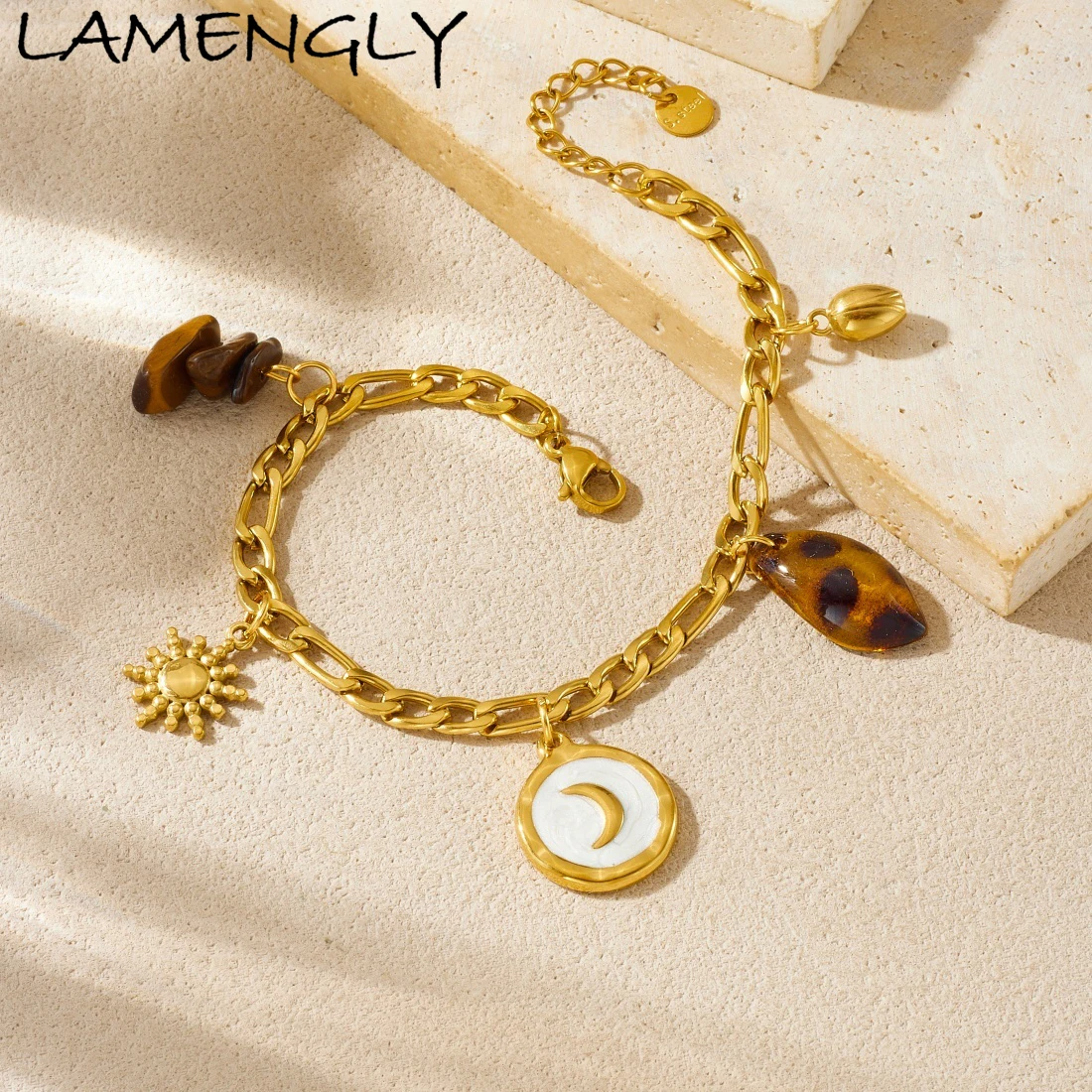 

LAMENGLY 316L Stainless Steel Vintage Amber Stone Sun Moon Charm Bracelet Women 18k Gold Plated Waterproof Jewelry Gift