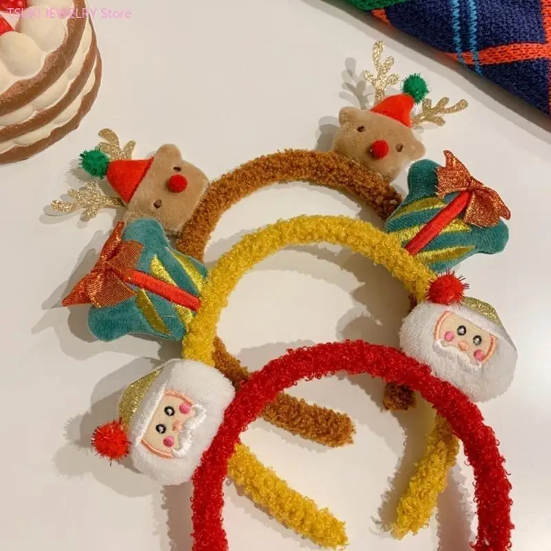 62KE 크리스마스 플러시 머리띠 헤어 후프 눈사람 헤어 밴드 크리스마스 사슴 머리띠