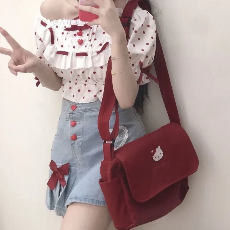 MBTI Vintage Hello Kitty Womens Shoulder Bag Burgundy Casual Large Capacity Messenger Bag Japanese Style Cute New Female Handbag