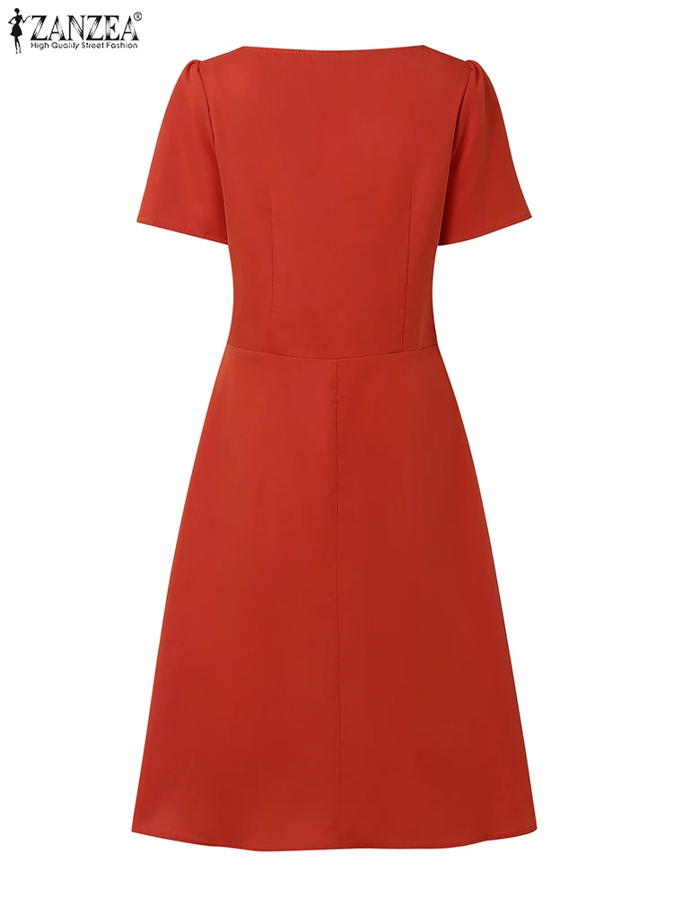 ZANZEA-Vestidos Midi elegantes de cintura alta para mujer, moda con cuello en V, manga corta, corte en A, para oficina y ir al trabajo