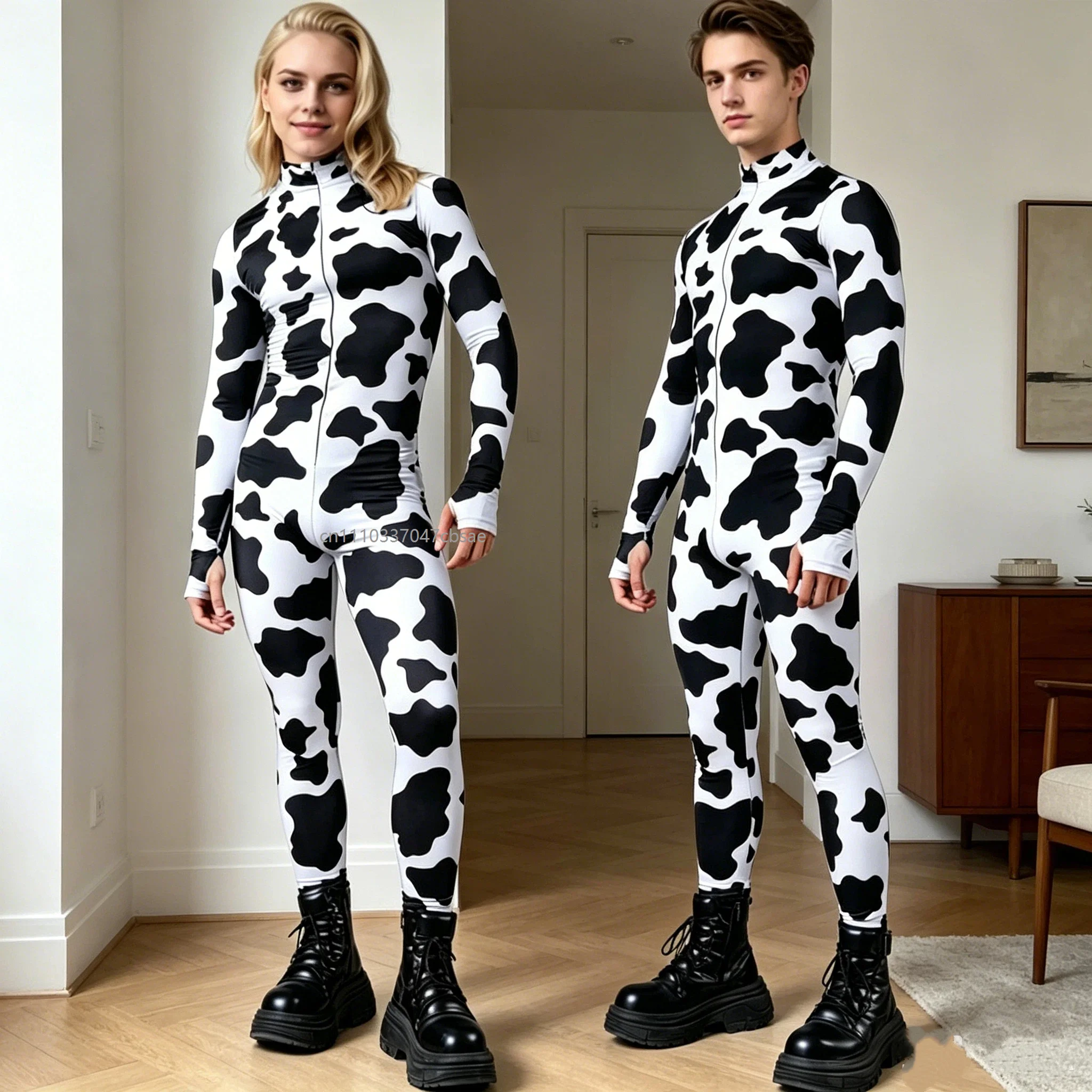 

Cow Black White Couples Zentai Suit Festival Performance Jumpsuit Halloween Cosplay Costume Men Women Carnival Party Bodysuit