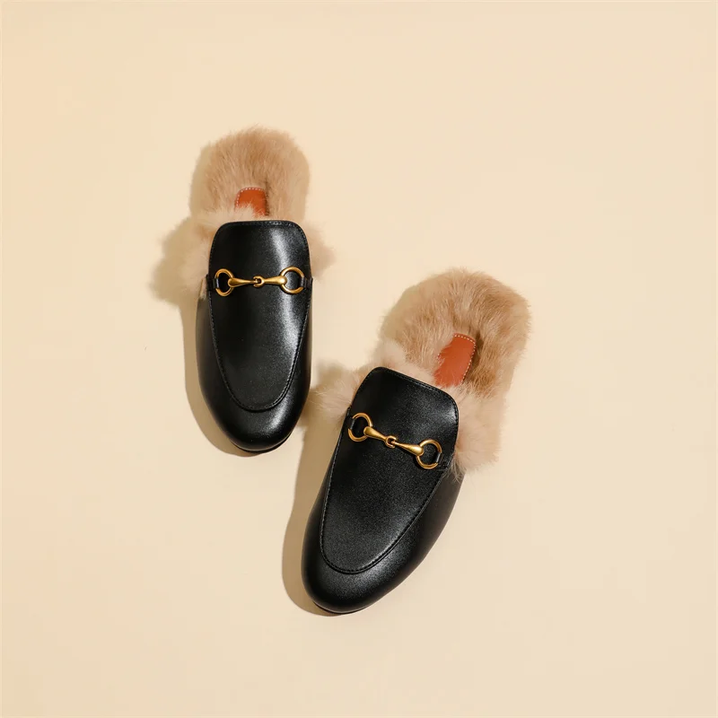 

Winter Warm Plush Round Head Women Slippers Fashion Slip on Flats Outdoor Soft Sole Mule Shoes Casual Zapatos Mujer