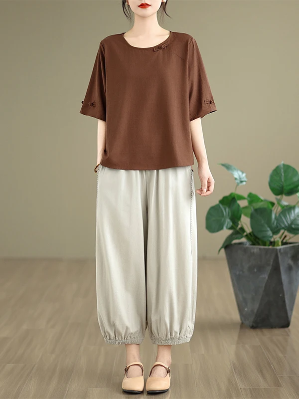 レトロなコットンリネンファションセット、ボタンデザイン、またはSve T-irt、伸縮性ウエスト、九分丈ハーランパンツ、カジュアルツーピースセット