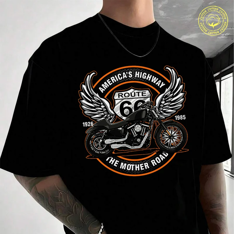 

Motorcycls Route 66 Design Men's Cotton T-Shirt Moto New Casual O-neck Short Sleeve Summer Streetwear Tees