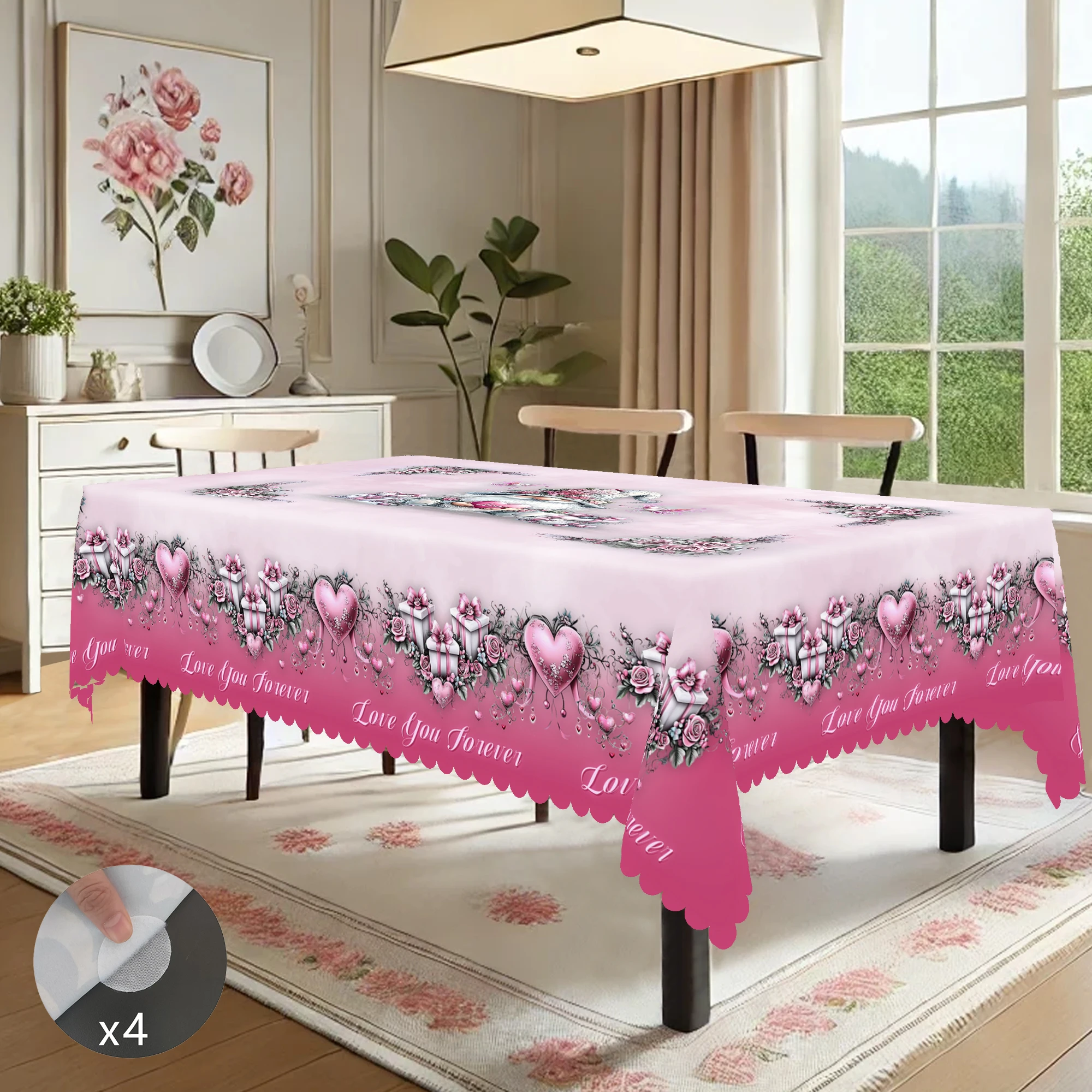 1 Piece, Pink Romantic Style Polyester Tablecloth + 4 Self-Adhesive Stickers, Pink Rose Cute Vikings, Classic Gift Box and Pink Hearts, Lifelike Bird Print, Embossed Edges, Round Rectangular Tablecloth, Suitable for Home Kitchen, Outdoor Garden, Holiday Gatherings, Restaurant and Banquet Decoration, Party Event Decoration, Suitable for Valentine's Day, Wedding Decoration, Wedding Banquet Tablecloth, Exquisite Gift Vd-005
