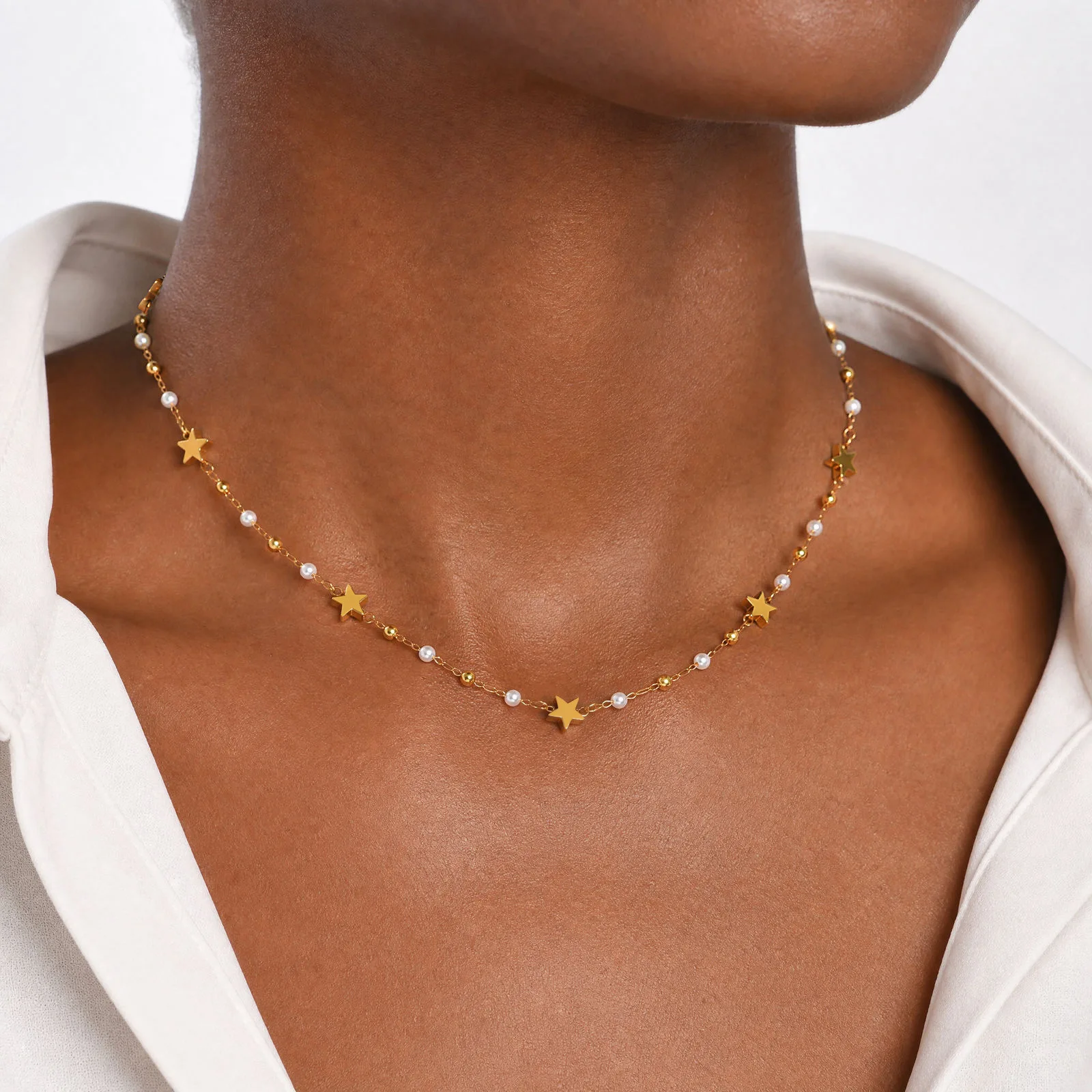 Stainless Steel Faux Pearl Charm Necklace for Women, Star Heart Moon Oval Dainty Choker Necklace Celestial Jewelry
