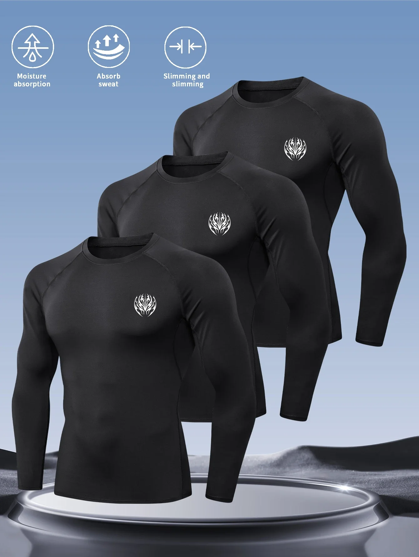 

3pcs,2d print, men's gym exercise quick-drying gym long-sleeved T-shirt, high elasticity for exercise