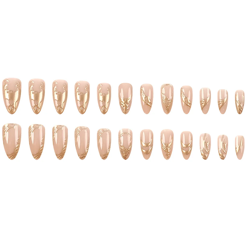 Almond Press on Fake Nails Gold Foil Glitter Artificial Nails Full Cover French Detachable False Nails 3d Gold Nails Press on