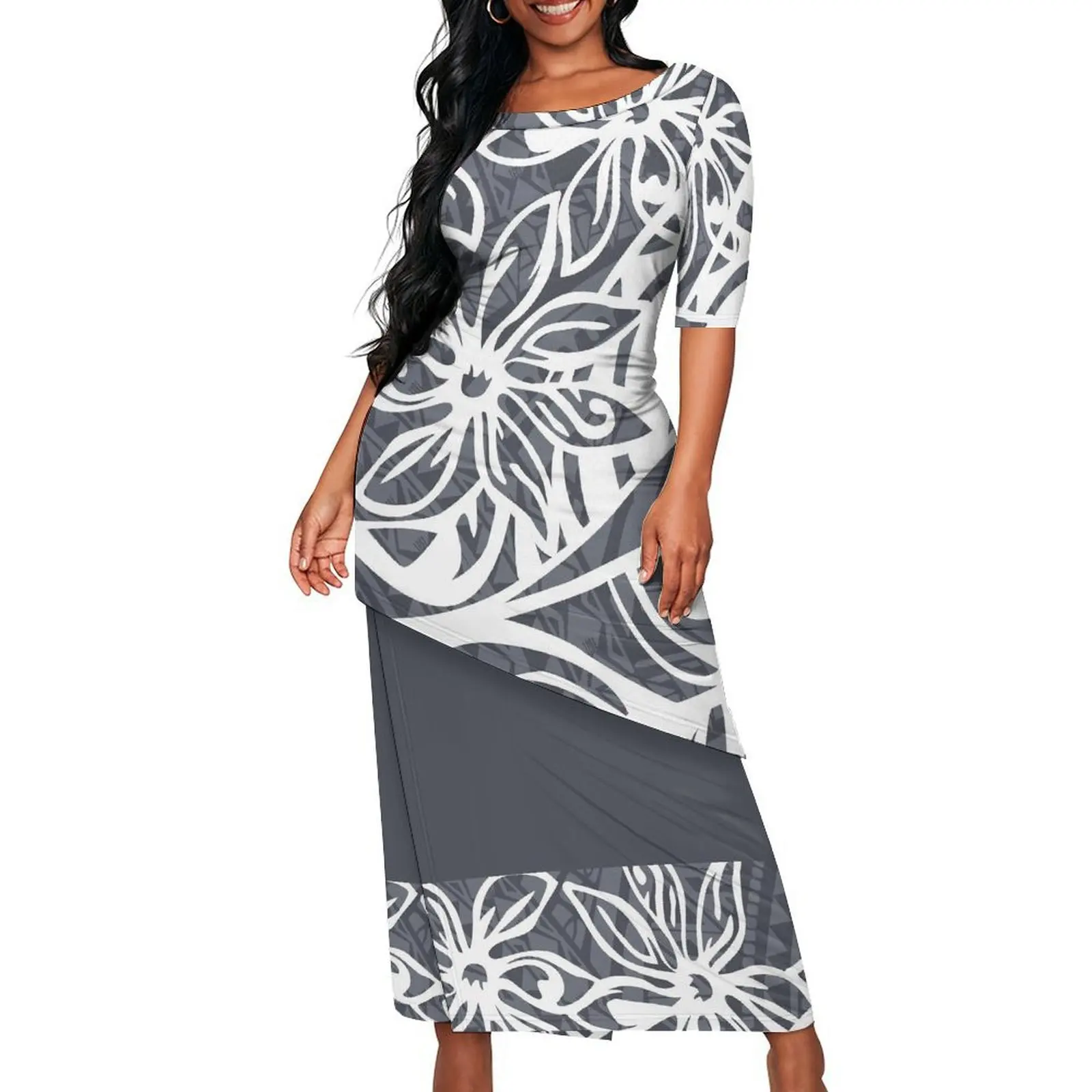 Puletasi manga de comprimento médio com costura na cintura e bainha alargada – Conjunto de saia de camada dupla polinésia feita sob medida para mulheres