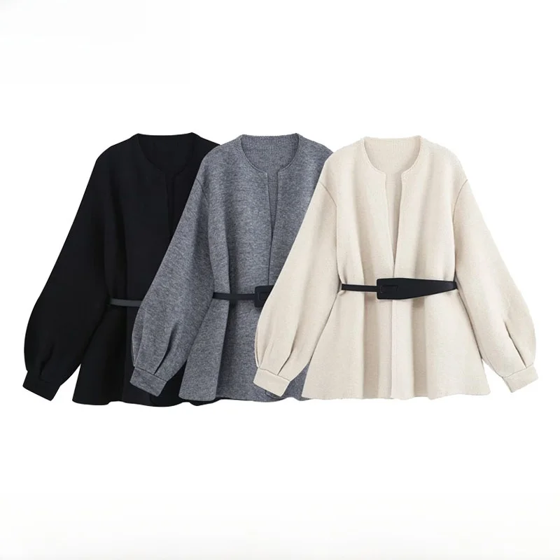 Early Autumn New Arrival Women's Fashion Simple Match Lantern Sleeve Belted Knitted Open Cardigan Polyester Fiber Long Sleeve