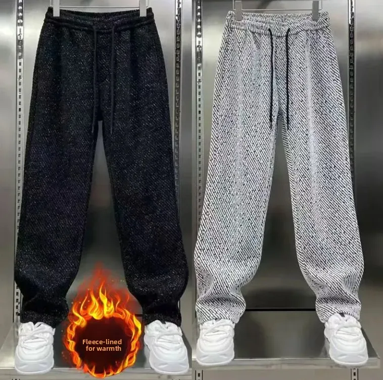 

Осенне-зимние повседневные брюки для мужчин, свободного кроя, утепленные, прямые, спортивные, с дизайном в виде звезд и диагональными полосками