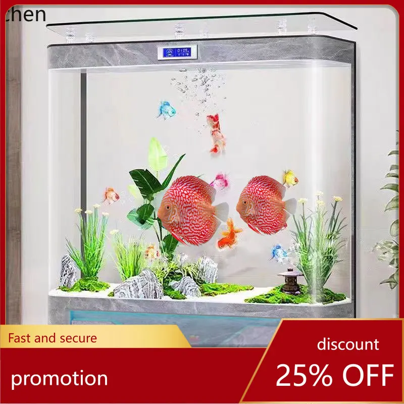 

HT simple round high definition glass floor vertical fish tank living room against the wall household water free