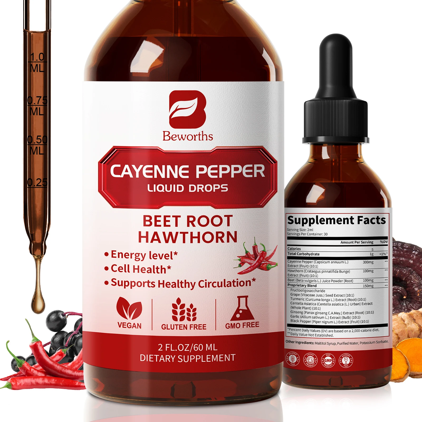 

BEWORTHS Cayenne Pepper Drop Support Energy Level & Cell Health Supports Healthy Circulation Enhance Immunity and Antioxidant