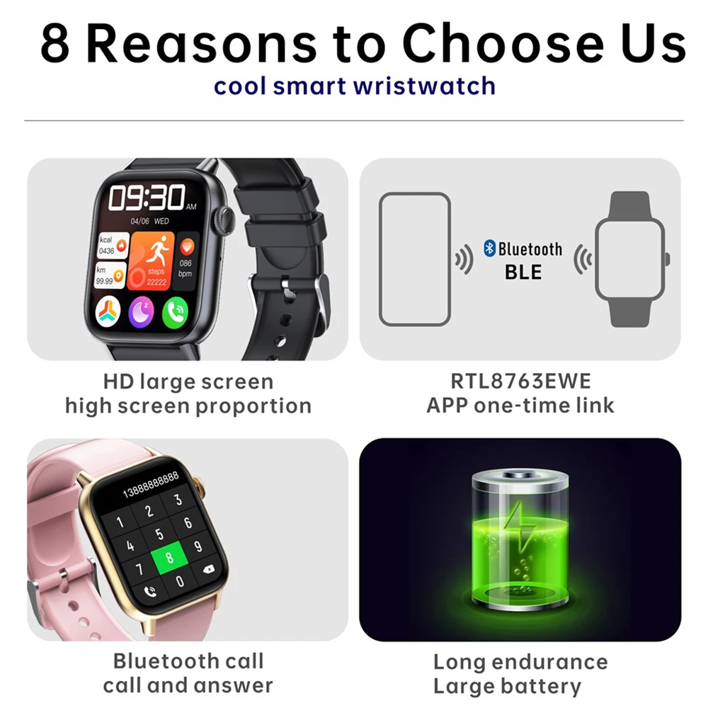 นาฬิกาอัจฉริยะบลูทูธเชื่อมต่อครั้งเดียวความละเอียดสูงสำหรับผู้ชายนาฬิกาวัดปริมาณออกซิเจนในเลือดสำหรับผู้หญิง