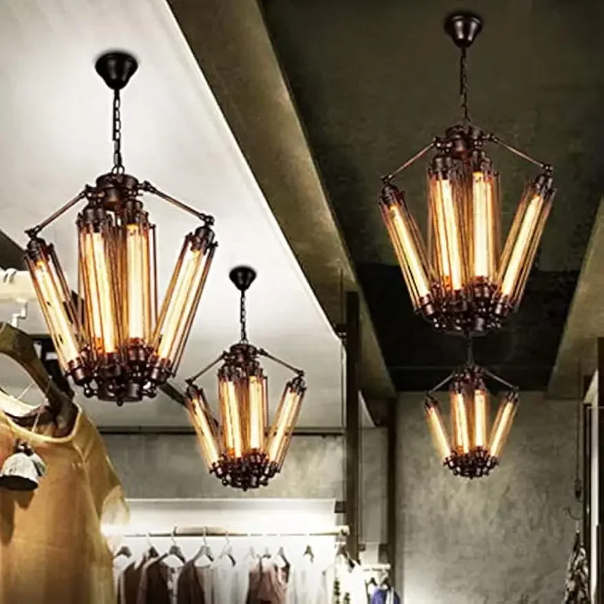 8-Light Retro Chandelier, Industrial Metal Pendant Lamp, Steampunk Hanging Lamp, Geometric Ceiling Lamp