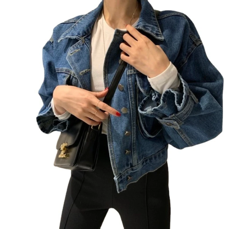 Jeans mantel Frauen Mäntel Jeans Jacken drehen Kragen voller Ärmel einreihig locker lässig elegant Herbst 2024 kurzen Punk