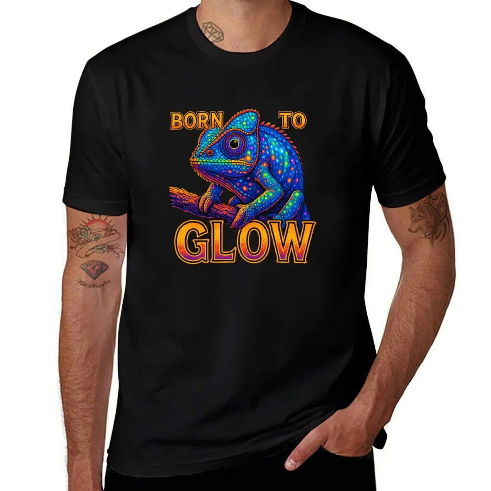 

Glow Chameleon – Neon colored lizard design T-Shirt Blouse Anime t-shirt valentines boutique clothes summer 2025 mens t shirt