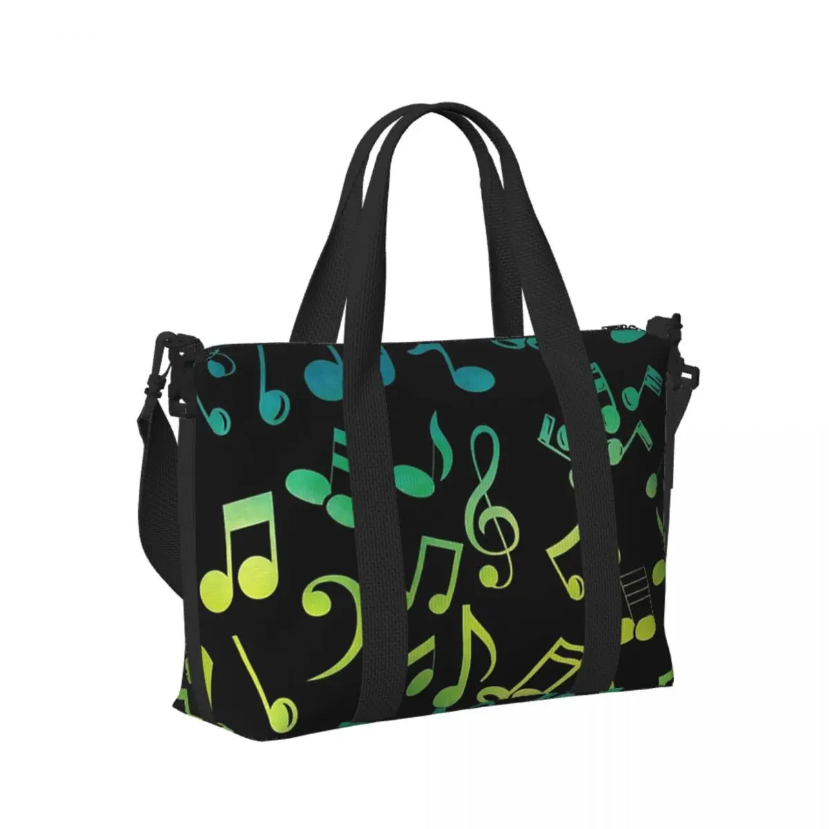 

Custom Yellow And Green Music Notes Beach Travel Bag Large Capacity Tote Bags for Gym Yoga Women Shopping Duffle Shoulder Bag