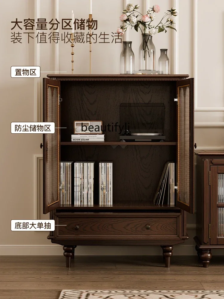 

American retro solid wood wine cabinet, living room against the wall display rack, small household glass medium antique storageA