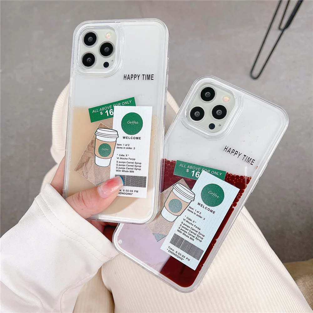 Fashion quicksand coffee milk tea Label Phone Case For iphone 16 14 13Pro Max 12 11 XS 7 8 Plus shockproof full protection Coque