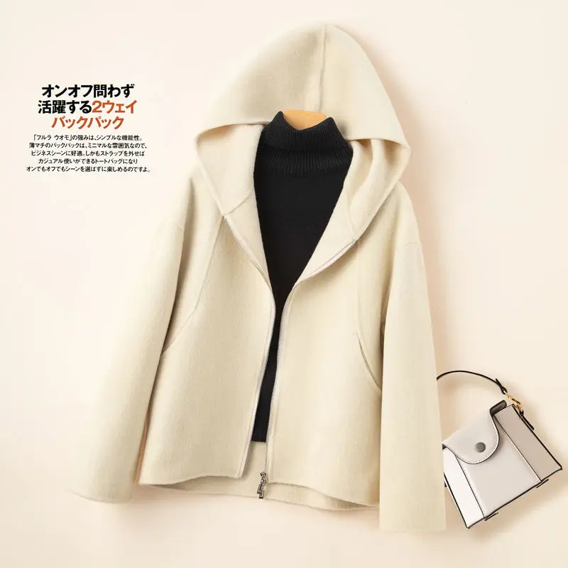 

Women's Double-faced Cashmere Coat Female Short 100% Pure Wool Jacket 2024 New Autumn Winter Hooded Cardigan Outerwear