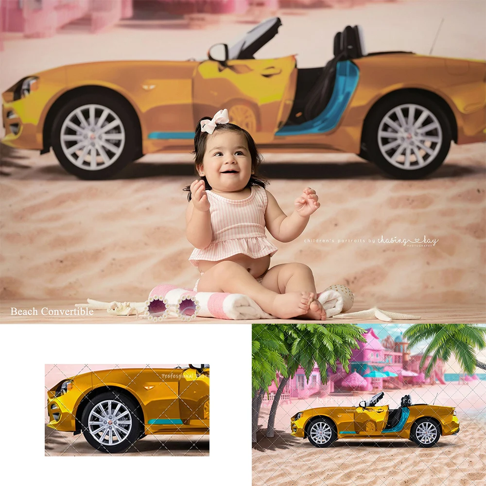 

Summer Beach Convertible Backdrops Kids Baby Birthday Cake Smash Photocall Beachside Palm Trees Sports Car Backgrounds