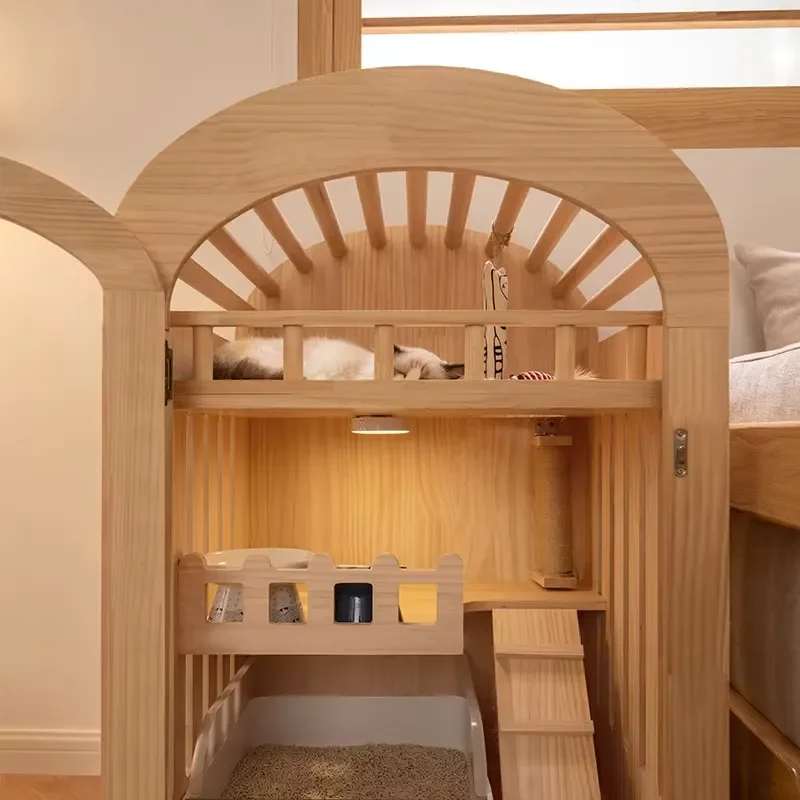 Two Story Solid Wood Cat House Indoor Luxury Natural Pet Villa Breathable Cage Cabin for Small Cats Living Room Bedroom