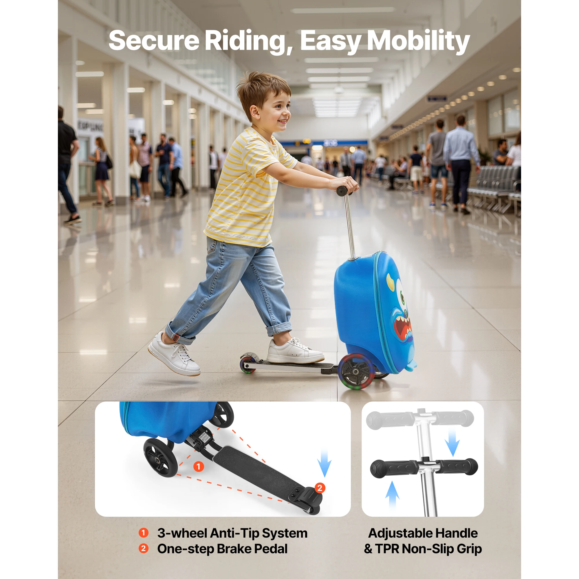 SucceBuy 20 pouces bagage à main 20L valise de scooter pour enfants avec roues Flash PU et poignée réglable bagage pliable pour enfants