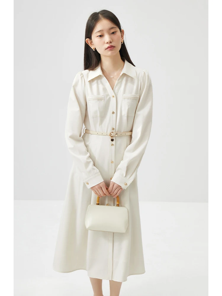 ZIQIAO French Commuter Style Shirt Dress for Women 2024 Spring New Mid-length Slim A-line Skirt with Belt Female 24ZQ91138