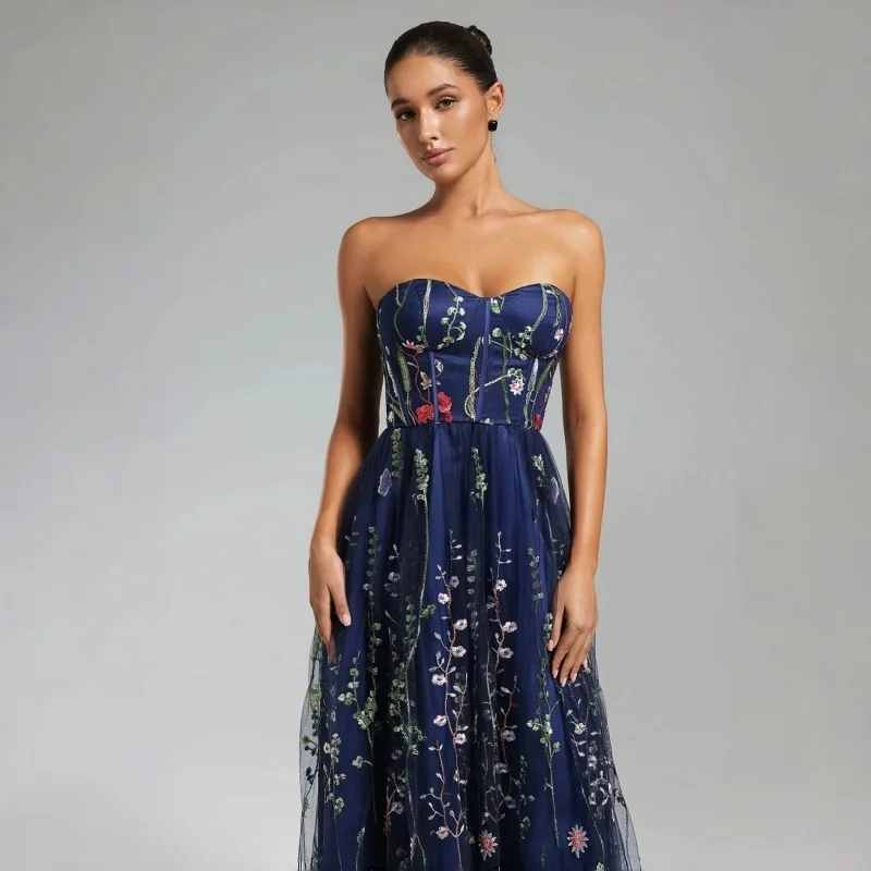 Navy Evening Dresses Ball Gown Sweetheart Sleeveless Tulle Prom Dress All-Over Colorful Floral Embroidery Blue Customized