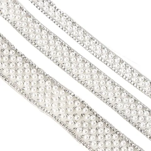 (91cm/pack) 1cm/1.5cm/2cm Pearl Rhinestone Lace Self-adhesive Diamond Ribbon Wedding Dress Clothing Home Decoration DIY