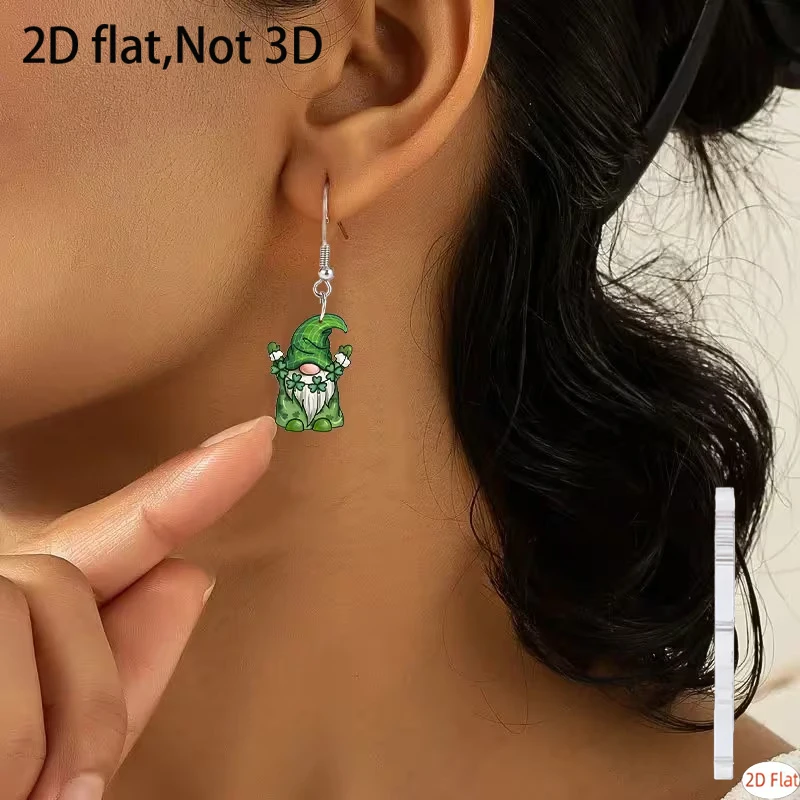 New Green Gnome Earrings - 2D Flat Acrylic Ear Jewelry with Lucky Clover for St. Patrick's Day