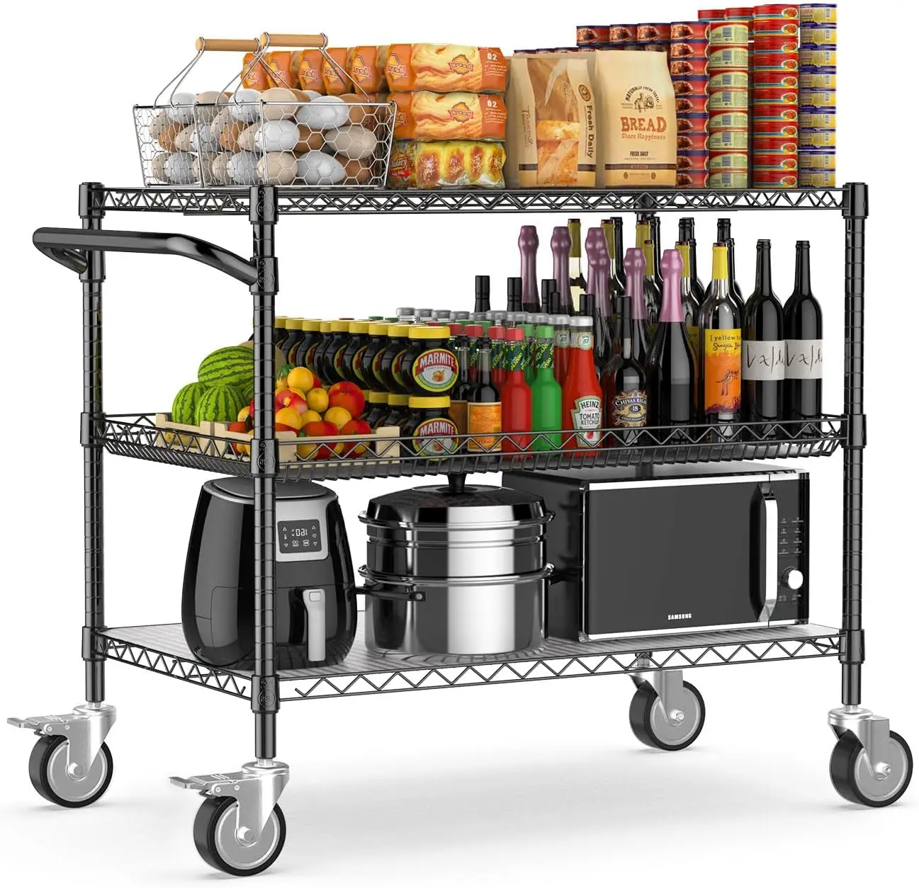

Heavy Duty 3-Tier Rolling Utility Cart with Wheels, NSF Commercial Grade, 1120LBS Capacity for Kitchen & Restaurant