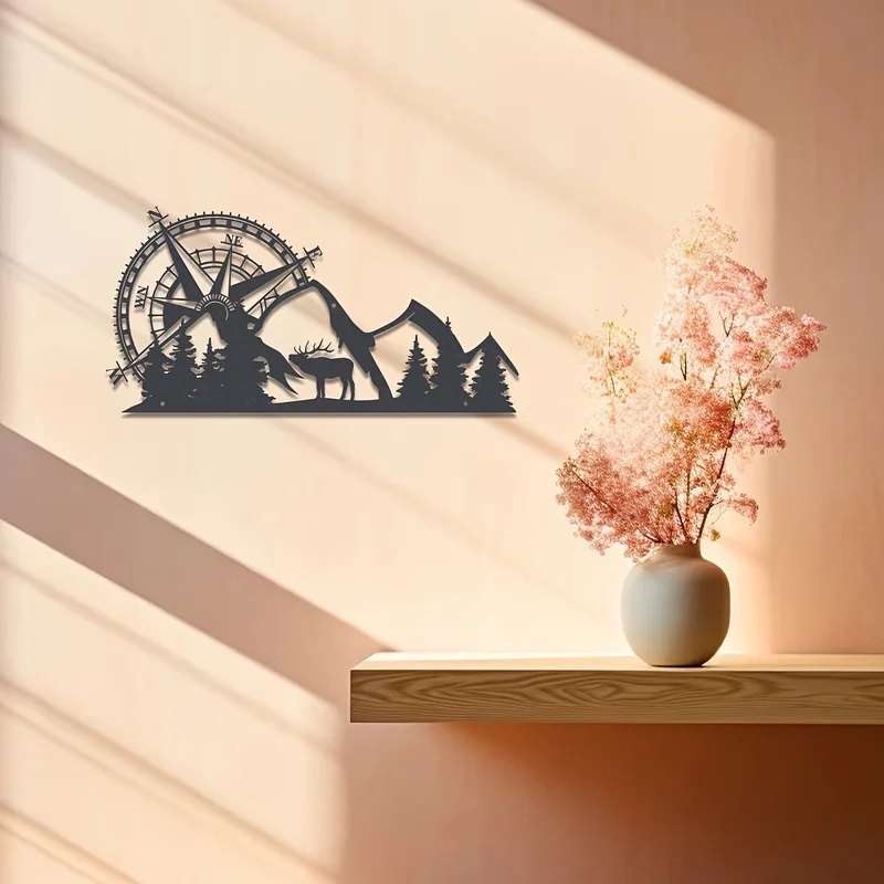 Compass and Mountain View Metal Wall Art，The gift is suitable for the bedroom、Study、Restaurant、Studio