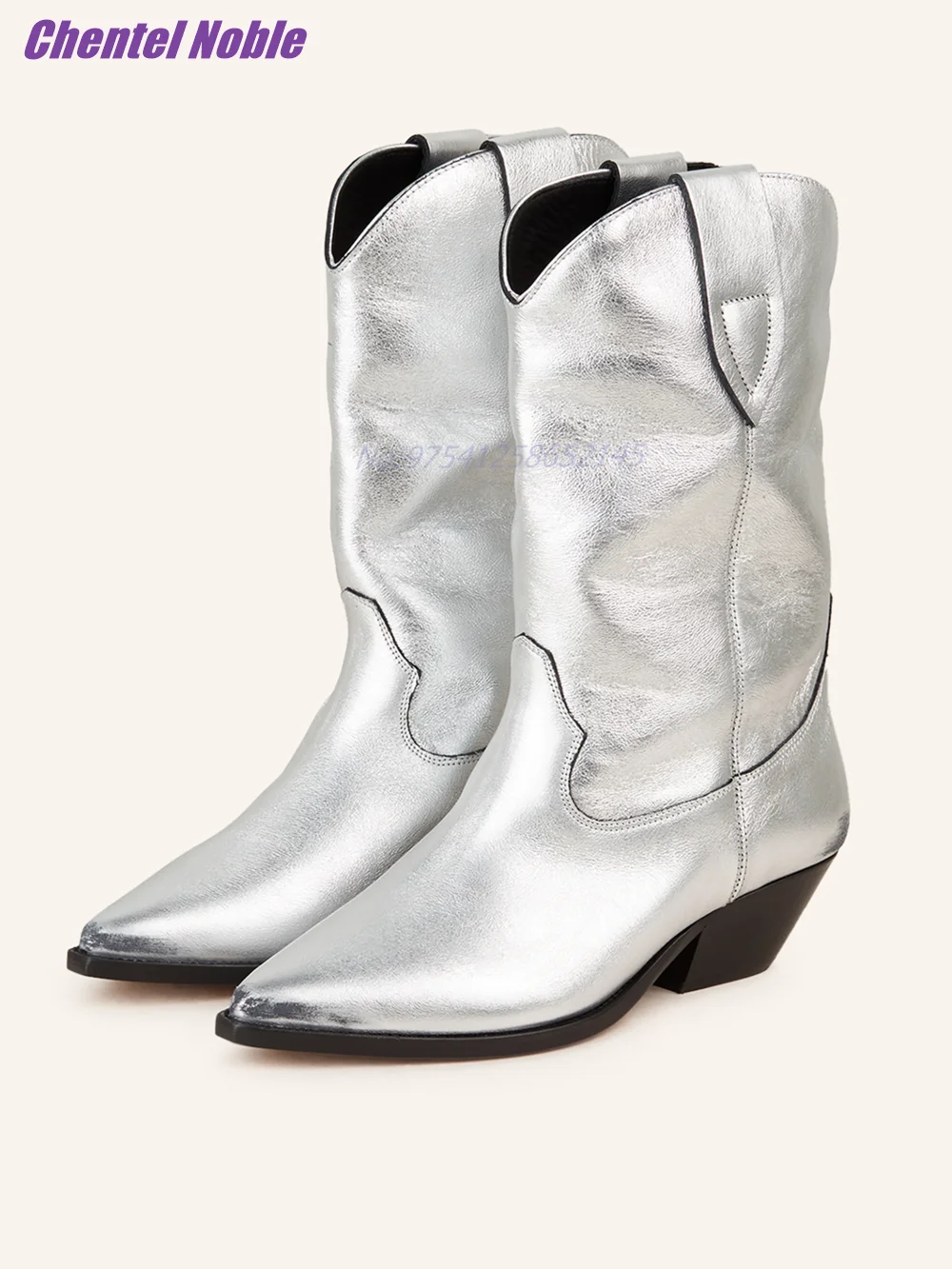 Sliver Metallic Leather Boots Chunky Middle Heel Solid Pointed Toe Chelsea Boots Designer Fashion Women Shoes Daily Mid-calf