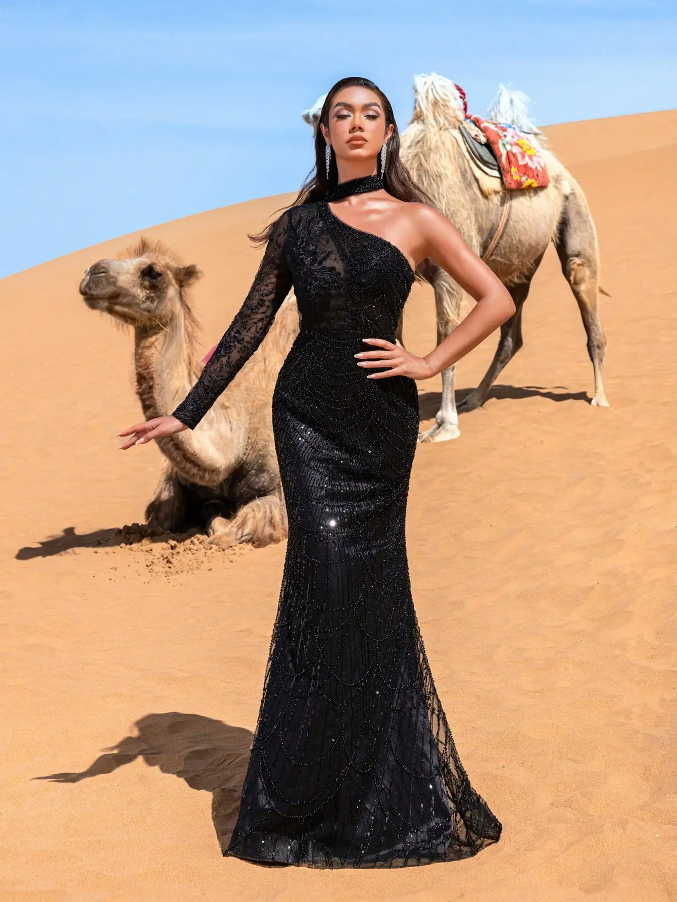 Haute Glamour Elegantes, perlenbesetztes One-Shoulder-Meerjungfrau-Abendkleid – taillierte Fischschwanz-Silhouette mit Hervorhebung der Kurven für Hochzeiten, G