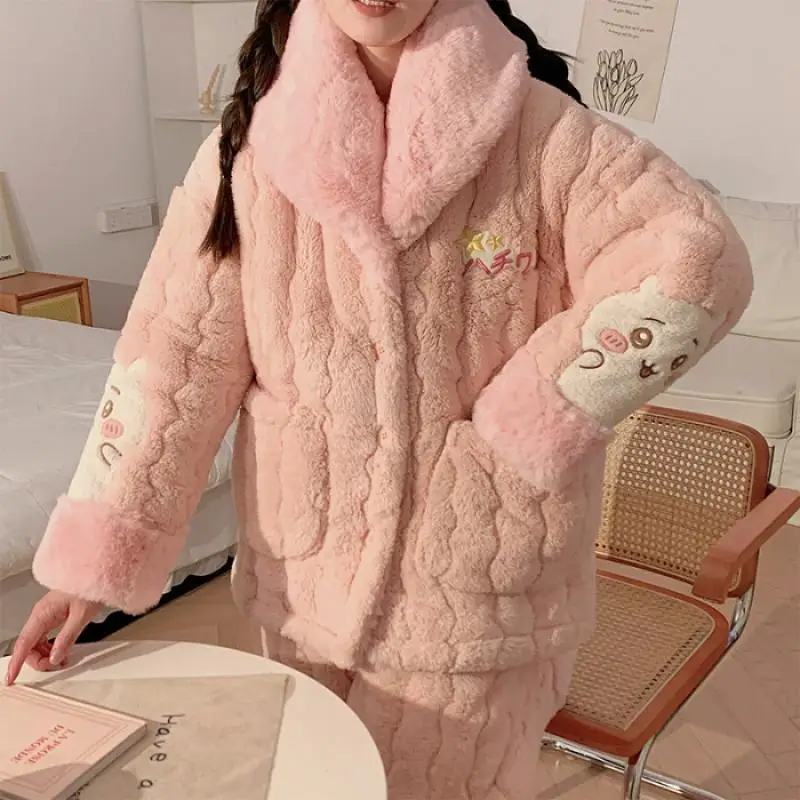 Hot Miniso Coral Fleece Fur Collar Thickening Three Layer Cotton Pajama Set Kawaii Chiikawa Girl Winter Keep Warm Home Clothes